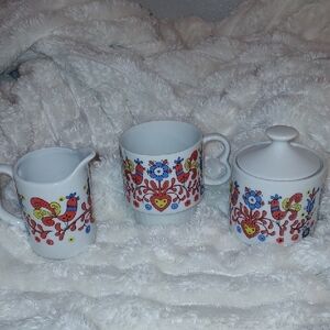 Nevco Japan Vintage Orange And Blue Retro Floral Bird 3 Piece Coffee Ceramic Set